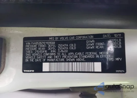 2012 Volvo Xc70 3.2/3.2 Platinum/3.2 Premier/3.2 Premier Plus z USA, uszkodzony, nr VIN YV4952BZ1C1129568